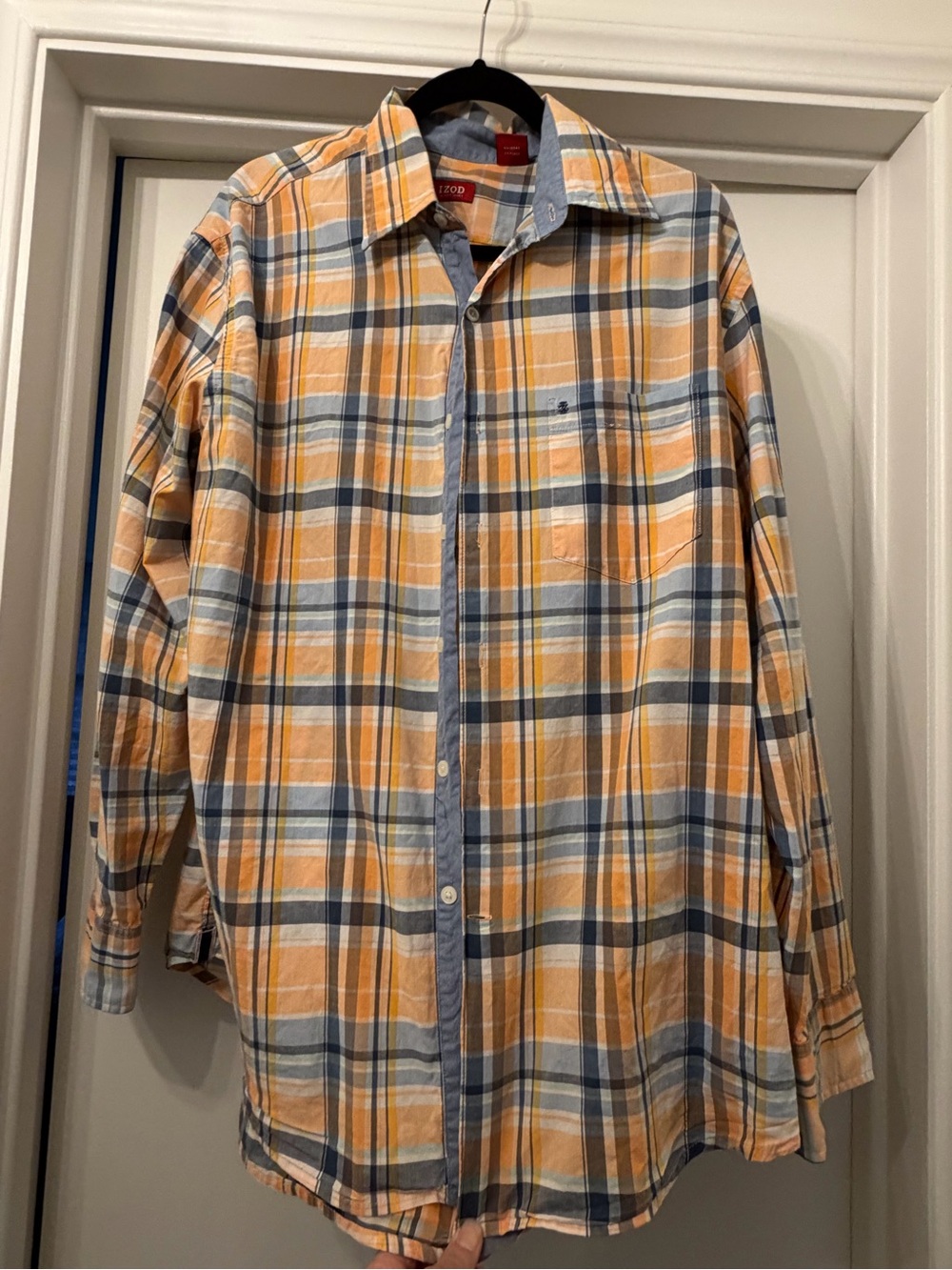 Izod Orange and Blue Plaid Lightweight Button-Down Shirt